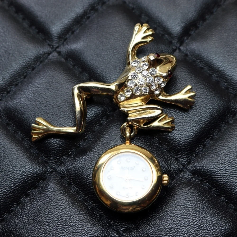 Vintage Bonetto Crystal Frog Watch Brooch